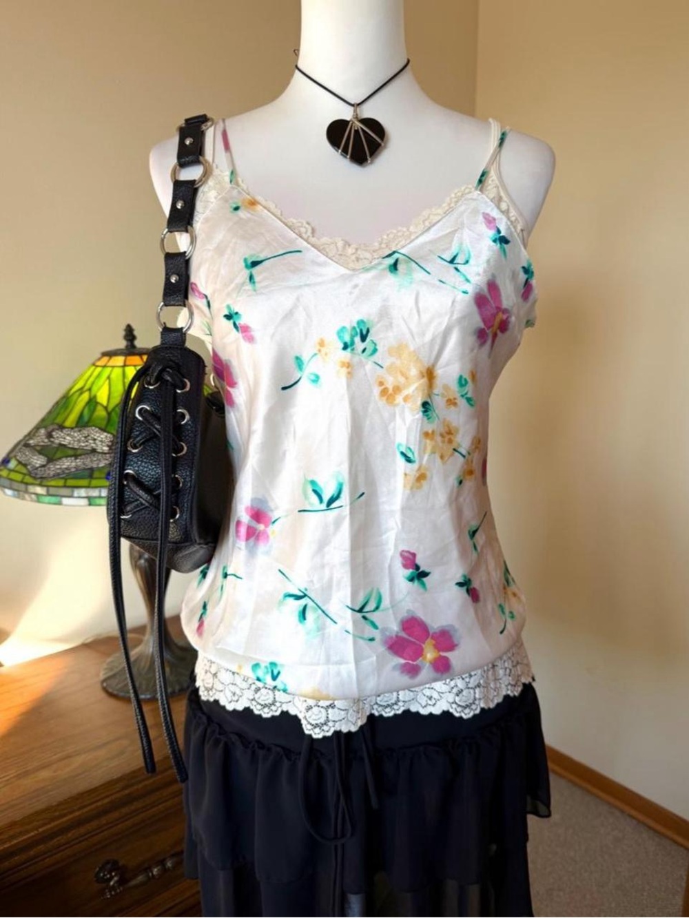 Secret Treasures White Floral Lace-Trim Cami with Pastel Accents